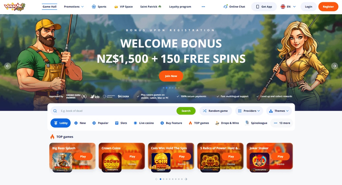 Vulkan Vegas homepage showing the welcome bonus of $1,500 + 150 FS